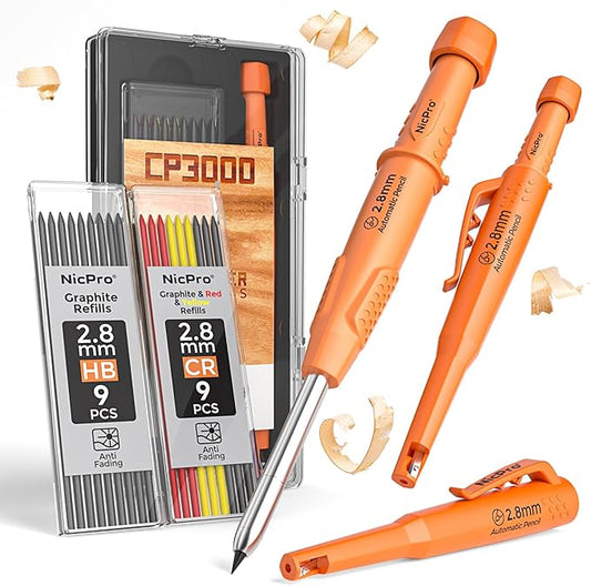 Nicpro CP3000 Carpenter Pencil with Sharpener, 2.8mm Mechanical Pencils with 19 Refill, Deep Hole Marker for Construction, Heavy Duty Woodworking Pencil, Carpenter Tools for Architect Marking (Orange)