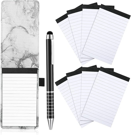 Outus 10 Pcs Pocket Notebook with Pen Set Included Mini Pocket Notepad Holder with 50 Lined Sheets, Metal Pen, 8 Pcs 3 x 5 Inch Memo Book Refills, 30 Lined Paper Per Note Pad (Marble Color)