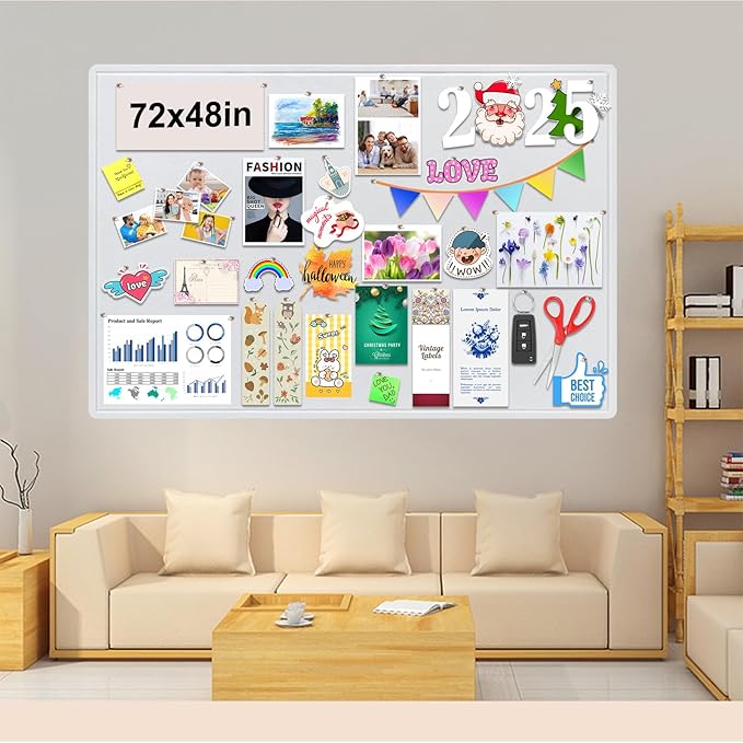 Large Bulletin Board, Foldable 72x48 Inches Cork Board Alternative, Large Felt Board Decorative Pin Board for Wall, Foldable Photo Board Self-Adhesive Vision Board with 36 Pushpins White