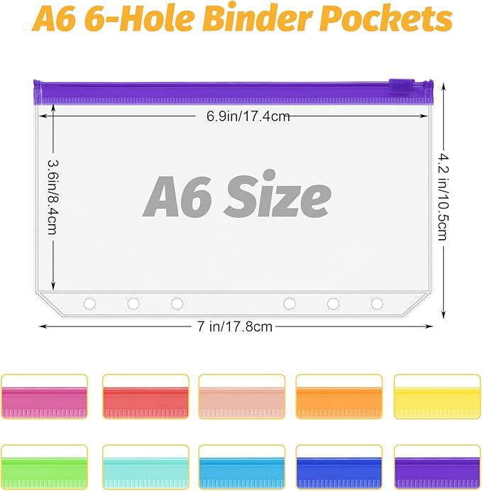 Antner 50PCS A6 Binder Pockets 6-Hole Budget Binder Inserts, 10 Assorted Color Zipper Pouch Folders Cash Stuffing Envelopes for Budgeting, Loose Leaf Filling Bags Money Organizer for A6 6-Ring Binders