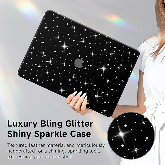 KEROM Glitter Case for MacBook Air 13 inch 2025-2022 M4 M3 M2 A3240 A3113 A2681, Luxury Bedazzled Shiny Bling Sparkle Textured PU Leather Hard Shell & Keyboard Cover for Mac Air 13.6 inch Case, Black
