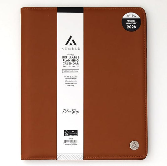 Blue Sky ASMBLD 2026 Weekly and Monthly Planner Calendar, January 2026 - December 2026, 8.5" x 11", Faux Leather Cover, Durable Twin Wire Binding, Storage Pocket, Laminated Tabs, Refillable, Pen Loop, Tan
