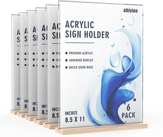 Acrylic Sign Holder 8.5x11 with Wood Base, Clear T shape Table Display Stands for Office, House, Store, Restaurants, and Event use, Double side Flyer Holder for Ads,Menu,Picture,Memory(6 packs)