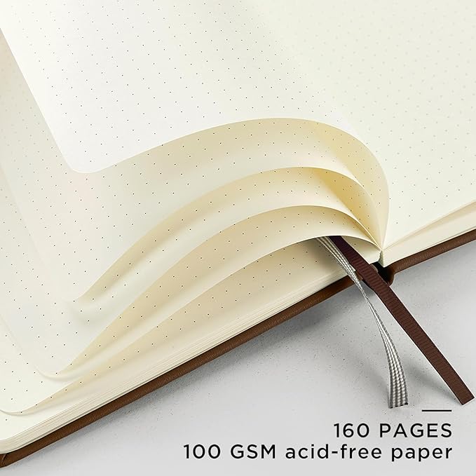 &And Per Se Dotted Journal Notebook, A5 Hardcover Leather Bullet Dotted Journal, 160 Pages 100 gsm Thick Paper, 3 Sheets of Stickers Included- 5.7'' x 8''（Chocolate）