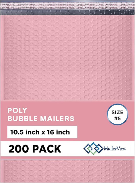 Light Pink 10.5x16 Inch Large Poly Bubble Mailers #5 | Padded Envelopes with Self Seal | Air Lined Cushioned Bubble Mailer | Usable Size 10.5x15 | 200 Pack Bulk | Lightweight shipping Bags