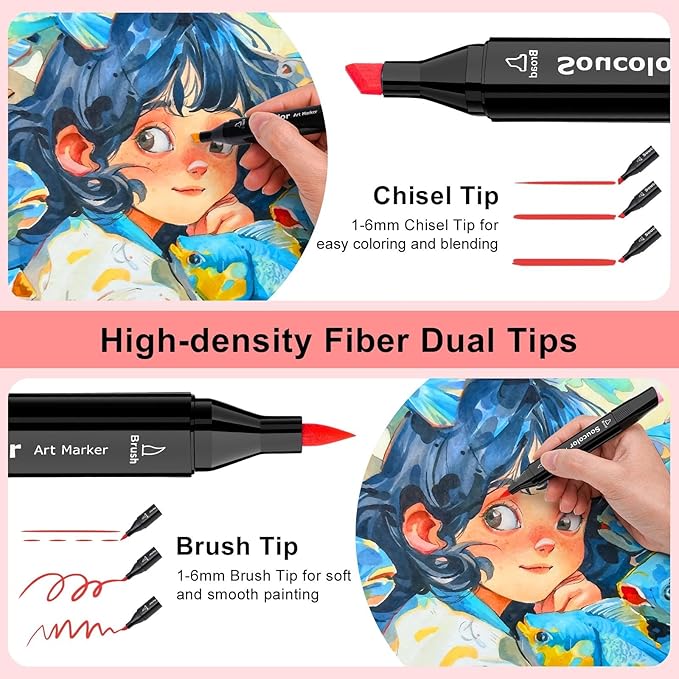 Soucolor Alcohol Markers Set, 100 Colors Dual Tip Brush Art Alcohol Markers, School Office Teacher Supplies for Kids and Adults Coloring Drawing Sketching Book Painting Card Making Illustration