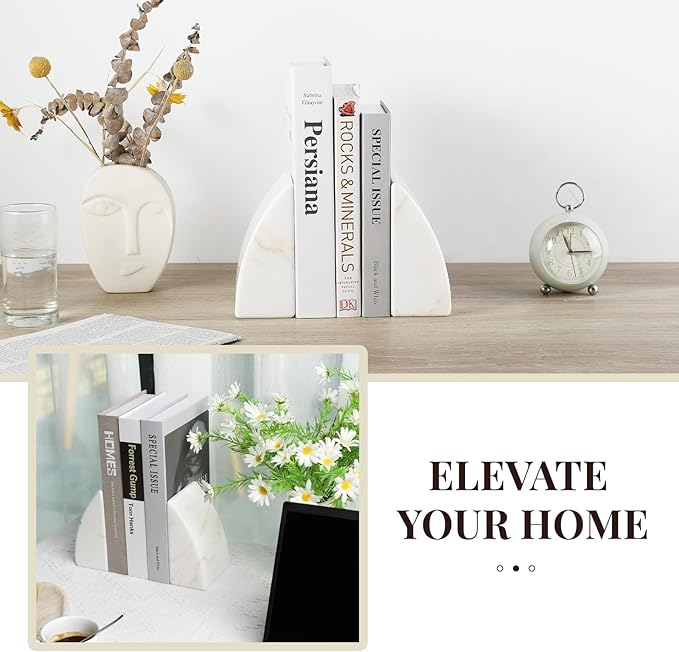 Koville Marble Bookends for Shelves, Large Bookends for Heavy Books, Natural Stone Book Stopper for Books CD Movies, Aesthetic Decorative Book Ends (Golden Calacatta)