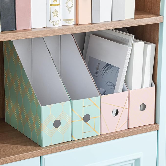 PerKoop 6 Pcs Magazine File Holder Foldable Decorative Cardboard File Folders 6 Patterns Floral Colored Magazine Rack with Printable Sticker Labels for School Office Home Desk (Geometric Lines)