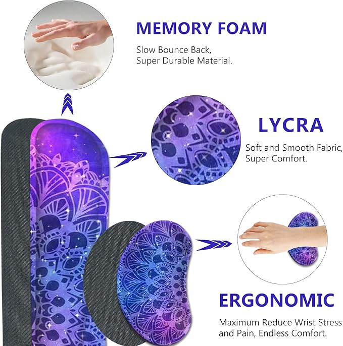 AIMSA Keyboard Mouse Pad Set, Large Gaming Mouse Pad +Wrist Rest Mouse Pad +Keyboard Wrist Support +Coaster, 35x15.7 inch Extended Desk Mat for Easy Typing Pain Relief (Blue Purple Mandala)