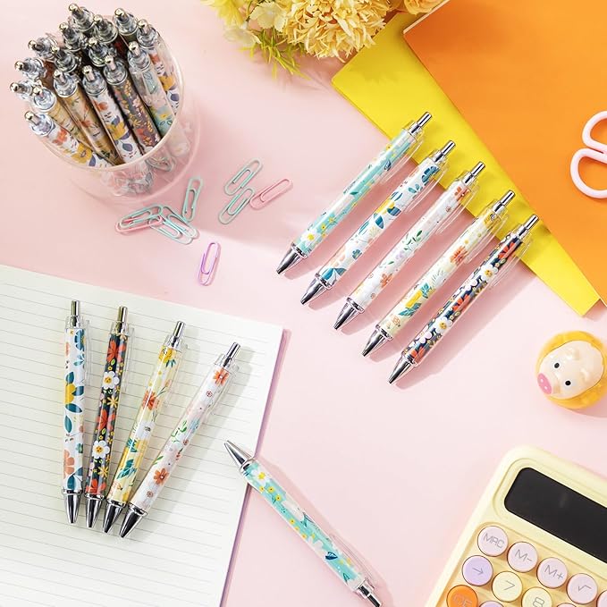 Thenshop 50 Pcs Floral Pens Bulk Flower Colorful Floral Flower Theme Gel Ink Ballpoint Pen Appreciation Gifts Party Favors for Friends Employee Office Holiday