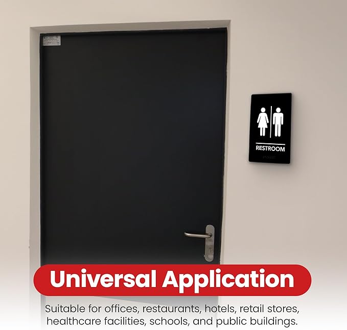 Promot Unisex Bathroom Sign – ADA Braille Restroom Sign for Business, Self-Adhesive, 9" x 6", Commercial Door Signage, Office Wall Decor - Black
