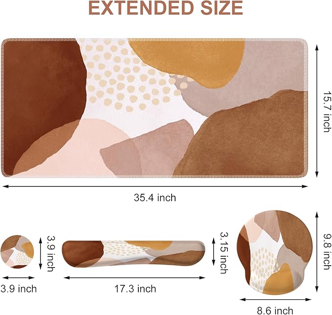 iCasso Desk Mat, Gaming Mouse Pad Wrist Support Set, XXL Large Mousepad + Keyboard Wrist Rest+Mouse Wrist Rest+Coastert with Ergonomic Design for Home Office Computer (C-Four-Coffee-Color-Block)