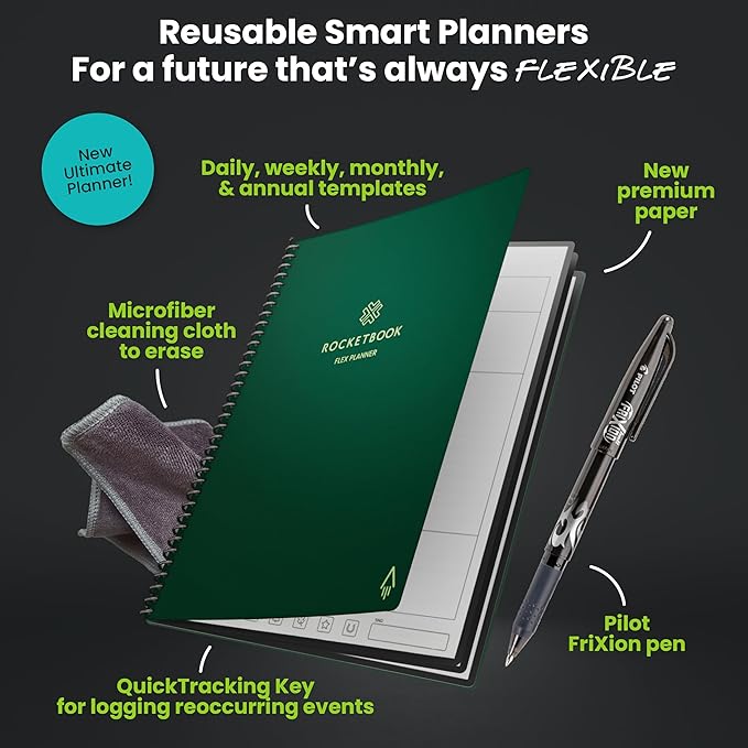 Rocketbook Flex Reusable Planner, Smart Undated, Daily, Weekly, Monthly, Annual Calendar Templates, Letter Size 8.5x11, Green (Pack of 1)