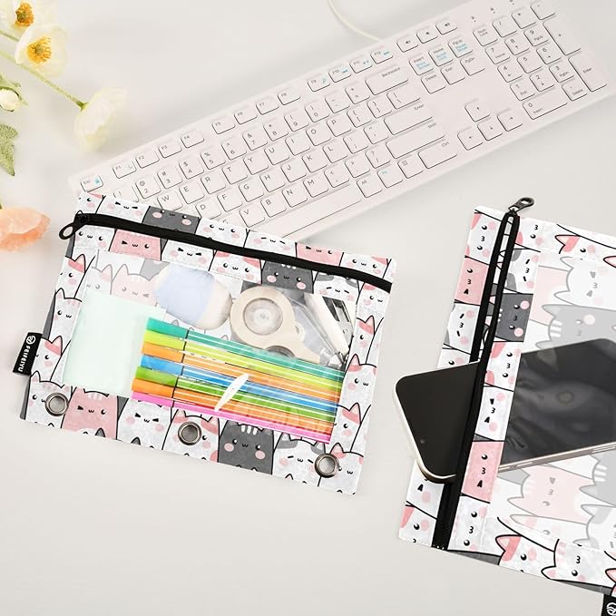 Cute Cats Kittens Pencil Pouch for 3 Ring Binder, 2 Pack Waterproof Pencil Bags Clear Window Zipper School Office Supplies
