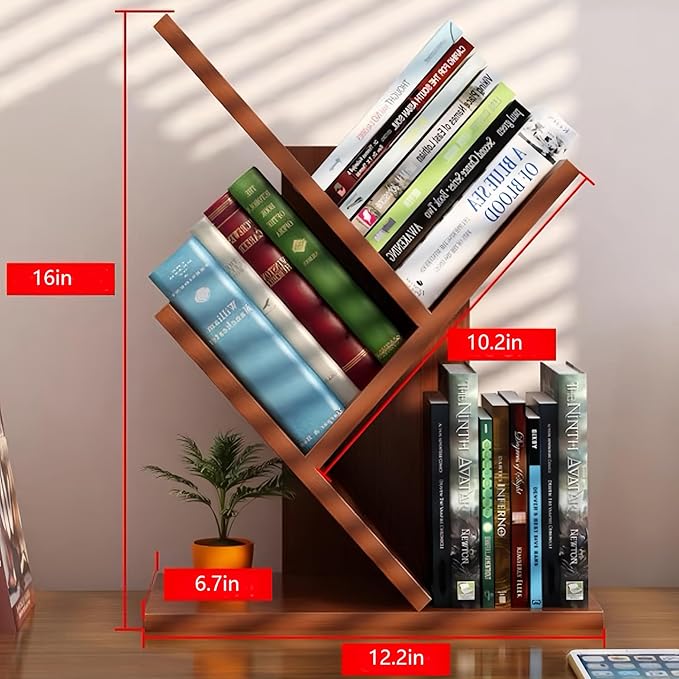 Godferyxin Tree Bookshelf,Desktop Book Shelf,3 Tier Wood Mini Bookshelf and Book Tree for Office, Home or School Desk Book Shelf for for Displaying Books, CDs, Magazines Wood Storage Rack