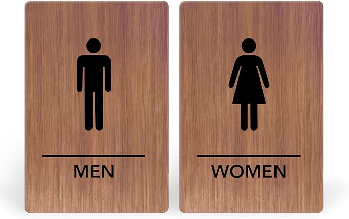 Promot Men and Women Restroom Sign – ADA Braille Bathroom Sign for Business, Self-Adhesive, 9" x 6", Commercial Door Signage, Office Wall Decor - Chestnut