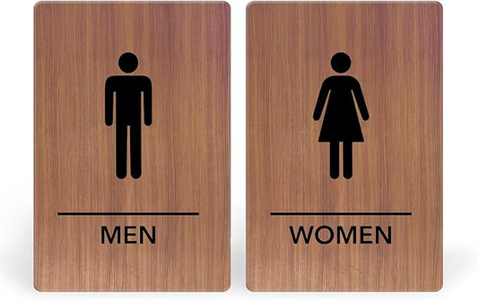 Promot Men and Women Restroom Sign – ADA Braille Bathroom Sign for Business, Self-Adhesive, 9" x 6", Commercial Door Signage, Office Wall Decor - Chestnut