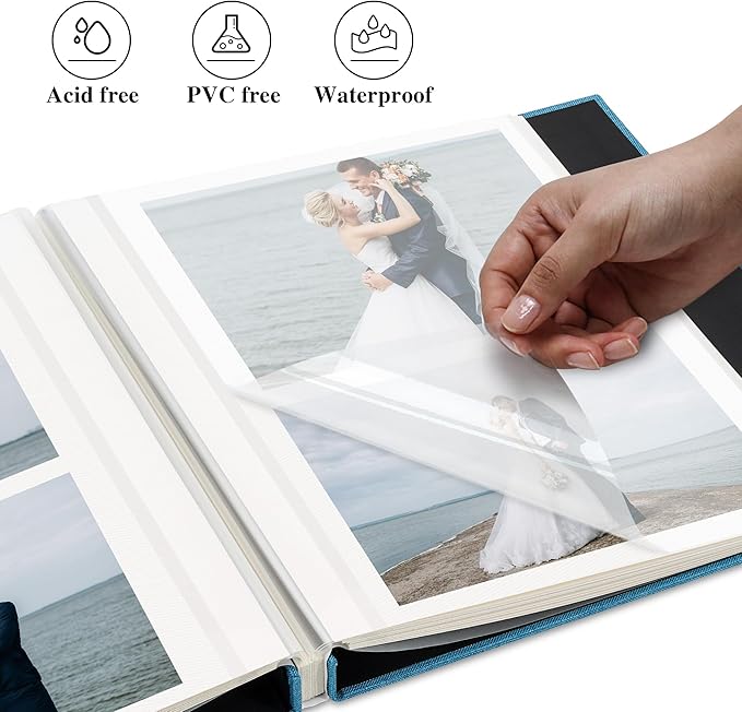 Self Adhesive Photo Album, Sky Blue Scrapbook Album with DIY 60 Blank Pages, Wedding Photo Album with A Metallic Pen for 4x6 5x7 2x3 Pictures,12.9"x13.4"