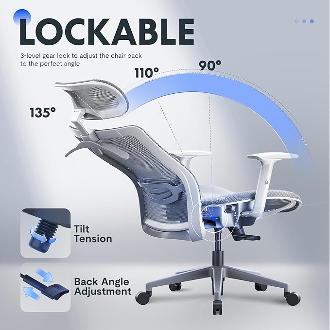 FLEXISPOT OC3 Air Ergonomic Office Chair Mesh Back Swivel Computer Chair Executive Office Desk Chairs with Adjustable Lumbar Support/2D Headrest/Lockable Backrest, Mesh Seat Cushion, Light Gray