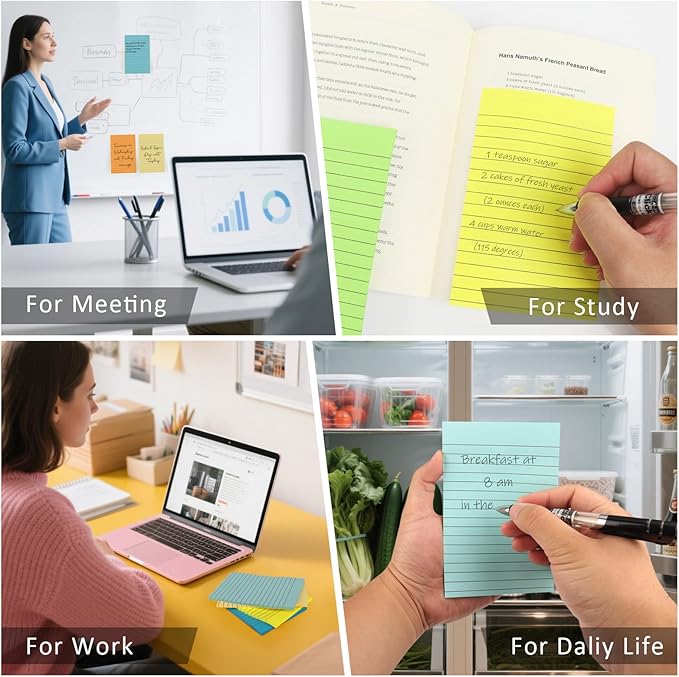 SACATR 36 Pads Lined Sticky Notes, Sticky Note Pads 4x6 inches, 12 Bright Color Sticky Notes with Lines Self-Stick Note Pads, Perfect for Office Home,School