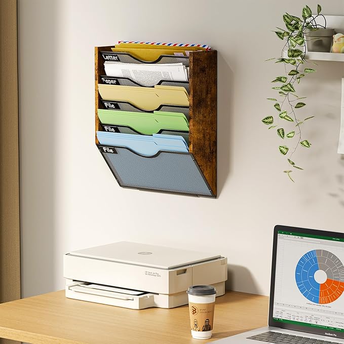 Ironwood Hanging Wall File Organizer, 5 Pocket Mesh Mail Organizer Wall Mounted with Nametag Label, Wall File Holder for Office Home School, Magazine Rack for Mail Paper Document Organization, Black