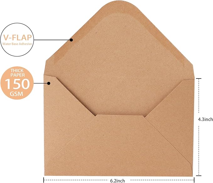 V-flap Kraft Envelopes, 50 Pack, 4 x 6 Inch, A4 Envelopes, Card Envelopes, Brown Envelopes, Kraft Paper Envelopes for Invitations, Postcard Envelopes, Water Base Adhesive, Gummed Flap