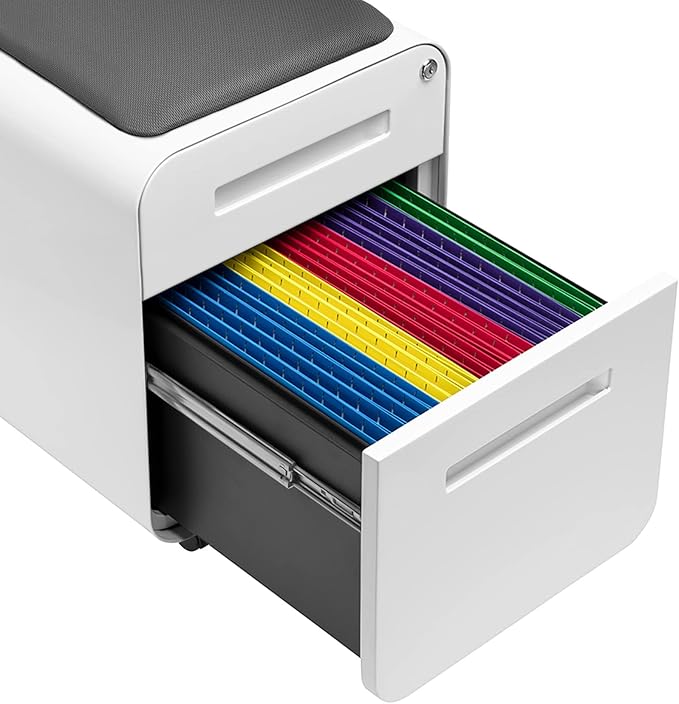 Laura Davidson Furniture STOCKPILE Mini Seated 2 Drawer Mobile File Cabinet with Removable Magnetic Cushion Seat - Short Version, Metal Filing Cabinet, Pre-Assembled, White with Grey Cushion