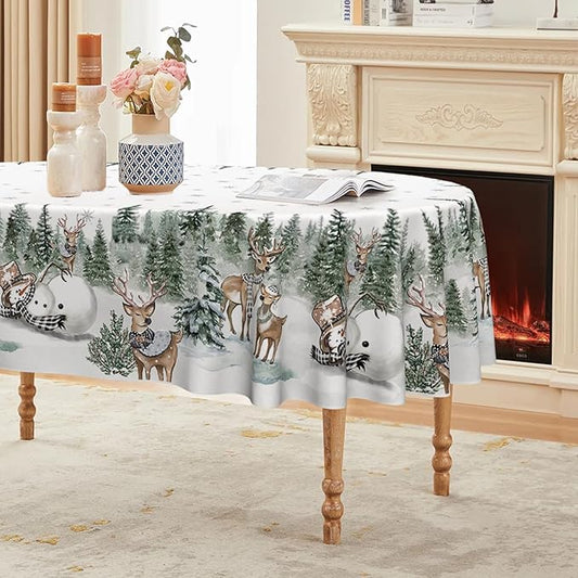 Horaldaily Christmas Tablecloth 60×84 Inch Oval, Deers Snowman Trees White Washable Table Cover for Party Picnic Dinner Decor