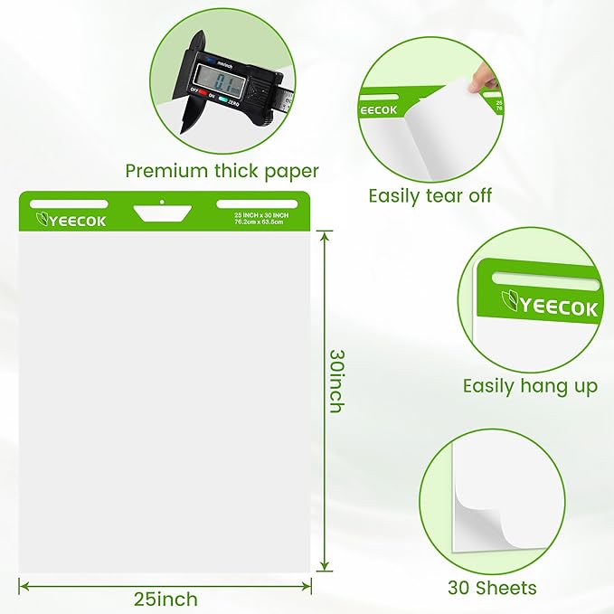Sticky Easel Pad 25 in x 30 in, 30 Sheets/Pad, 8 Pads/Pack, Sticky Flip Chart Paper for Teachers, Super Sticking Power & Bleed-Resistant