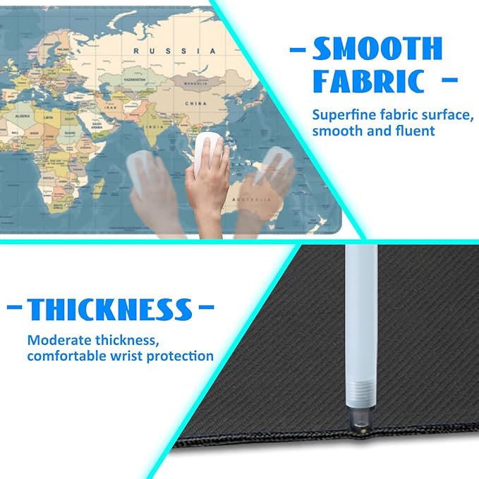 Desk Mat, Blue Vintage World Map Extended Gaming Mouse Pad Large, 31.5"x11.8" Big Mouse Pad with Non-Slip Base and Stitched Edge, Long Computer Keyboard Mouse Mat for Home Office Work