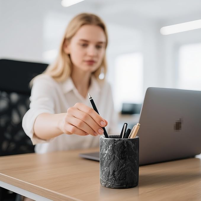 WORHE Pen Holder Stand Italy Natural Premium True Marble Makeup Brush Holders, Tableware Organizer Desk Pencil Cup for Home Office School Decor Dark Grey (DL012)