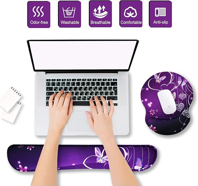 ArtSo Upgraded Wrist Rest Support for Mouse Pad & Keyboard, Ergonomic Gel Mousepad Non-Slip Rubber Base Home,Office Pain Relief, Easy Typing Cushion Neoprene, Soft Memory Foam, Purple Heart Butterfly