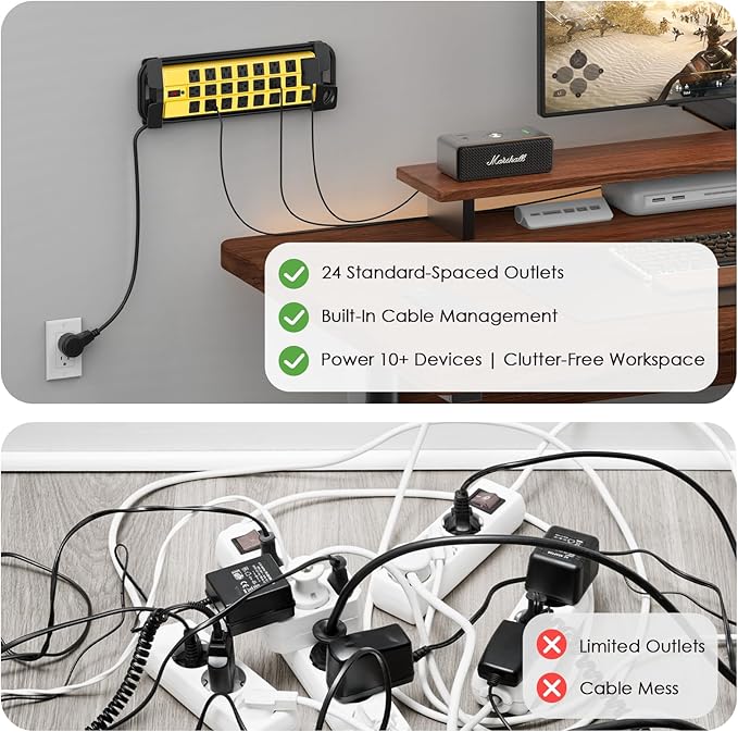 HHSOET Heavy Duty Power Strip with Surge Protection, Industrial Commercial Metal 24 Outlets Wall Mount for Garage Shop, 15 Amp, Switch, 6FT Extension Cord, Yellow.