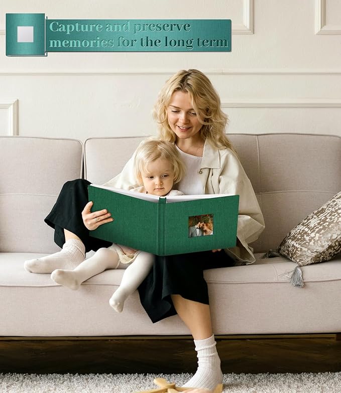 Photo Album Self Adhesive Scrapbook Album for 3x5 4x6 5x7 8x10 Pictures, 60 Pages Linen Cover with Display Window DIY Photo Book,Ideal Gifts for Family Travel Wedding Baby