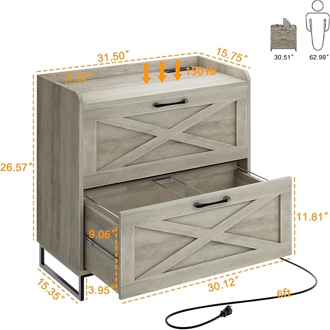 File Cabinet 2 Drawers, Lateral File Cabinet with Charging Station for Letter/Legal/A4 Size Hanging Files, Large Wood File Storage Cabinets Printer Stand for Home Office, Washed Gray