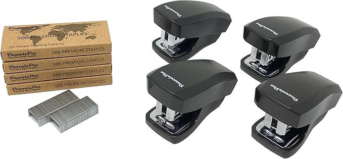 Aria Premium Mini Stapler Set by PraxxisPro - with Built-in Staple Removers, 2000 Standard Staples Included - for Office, School, and Travel (All Black)