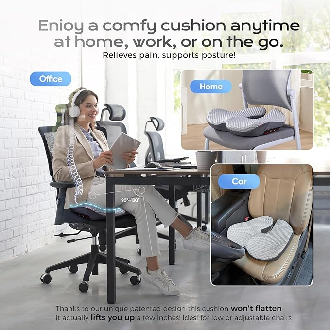 Seat Cushion for Tailbone Pain Relief X-Large,Ergonomic Office Chair Cushions for Butt Hip Lower Back & Sciatica Pain Relief Pillow,Pressure Relief Seat Cushion for Long Sitting, Car & Plane (Grey)