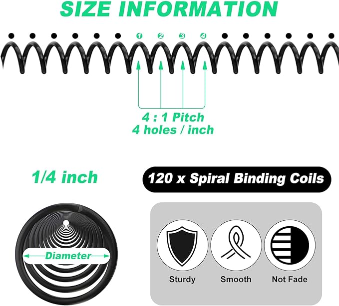 Leinuosen 120 Pack Plastic Spiral Binding Coils Kit Spirals Multi Size Coils for Binding Binder Combs Spines(1/4 Inch,Black)
