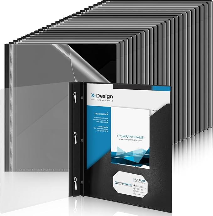 Teling 48 Pack Clear Front Report Covers with 3 Prongs Fasteners, 11.42 x 9.45 Inch Plastic Presentation Folders Bulk, 90 Sheet Capacity, Book File Covers for Office School Business, Black