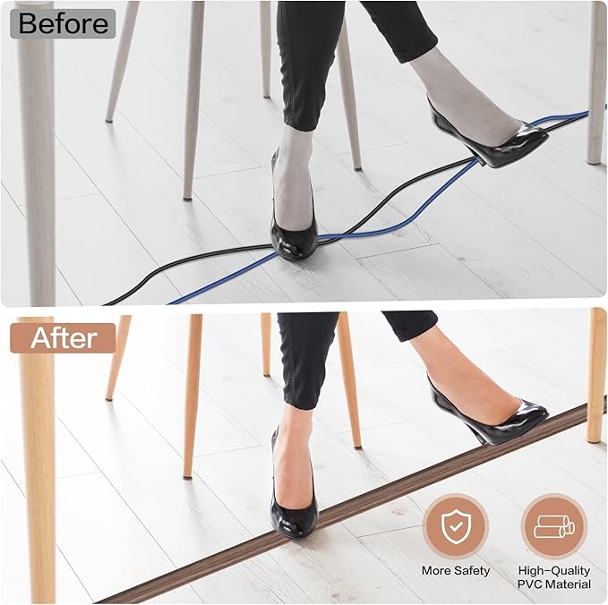 Floor Cord Cover Self Adhesive Cord Hider Floor Extension Cord Covers for Floor Power Cord Protector Cable Management Prevent Cable Trips Cable Cavity 0.51" W x 0.31" H (Smoked Brown Wood, 3.3Ft)