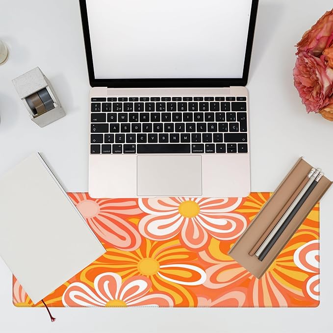 Desk Pad - Hippie Vintage Orange Flowers Desk Mat, Retro Floral Large Gaming Mouse Pad with Non-Slip Base and Stitched Edge, 31.5"x11.8"