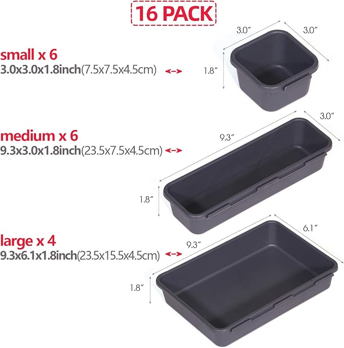 Set of 16 Interlocking Desk Drawer Organizer Tray Dividers Plastic Shallow Narrow Drawers Organizers Separators and Storage Bins Container for Kitchen Bathroom Makeup Office Vanity Bedroom Dresser