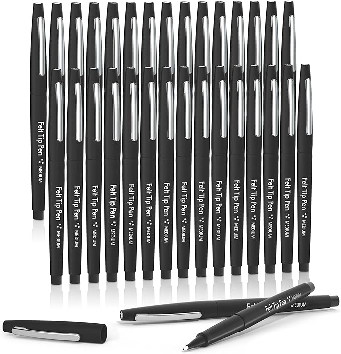 Lelix Felt Tip Pens, 30 Black Pack, 0.7mm Medium Point, Felt Tip Markers Pens for Journaling, Writing, Note Taking, Planner, Perfect for School Office and Art Supplies