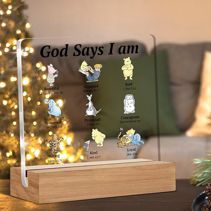 Pooh Bear Gifts for Women Christian Gifts Inspirational Gift God Says Pooh Clear Desk Decorative Sign Acrylic Sign With Wooden Stand for Office Desk Table Shelf
