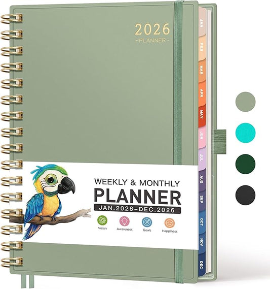 RETTACY 2026 Planner, Weekly and Monthly, Medium Size (5.7" x 8.3"), Jan - Dec 2026, Agenda, Calendar, 12 Month Tabs, Flexible Plastic Cover, 100 GSM Thick Paper, Spiral-bound (Light Green)