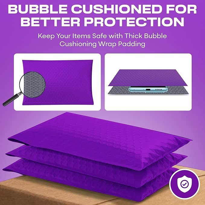 Purple Poly Bubble Mailers 7.25x12 inch #1 | Self Seal Padded Envelopes | Cushioned Bubble Mailer | Usable Size 7.25x11 | WaterProof | Lightweight mailing Shipping Bags | 200 Pack Bulk
