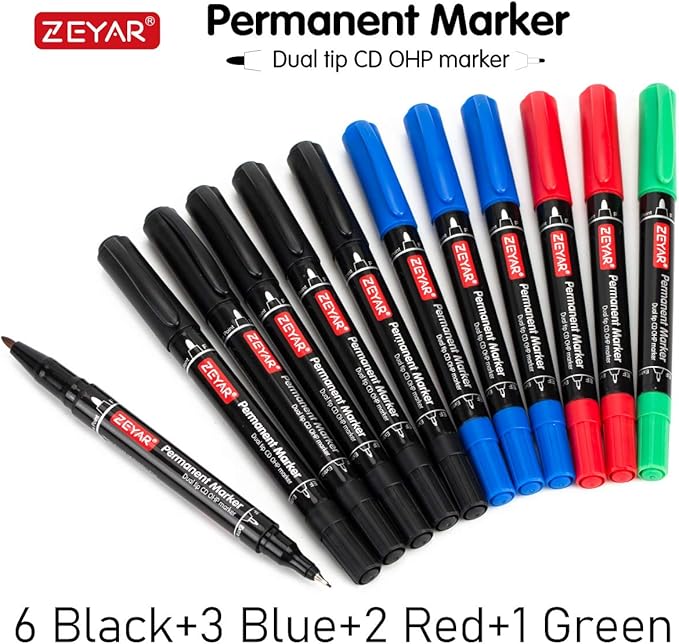 ZEYAR Twin Tip Permanent Markers, CD/DVD Markers, 4 Color, Ultra Fine Point and Fine Point for Signature and Marking (4 Colors, 12 Pack)