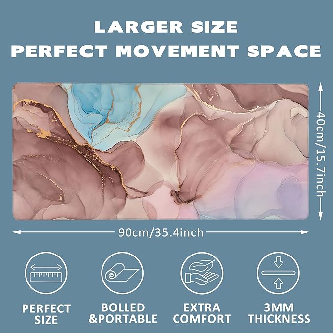 Abstract Fluid Art Extended Gaming Mouse Pad Transparent Waves and Golden Swirls Large Mouse Pad with Stitched Edges Anti-Slip Rubber Base Mouse Mat Desk Pad for Gaming and Office 35.4" x 15.7"