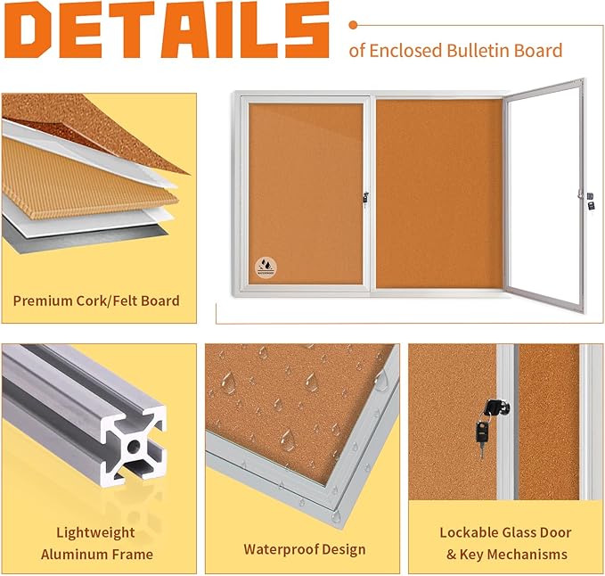 Lockable Outdoor Enclosed Bulletin Board, Weatherproof Cork Noticeboard with Locking Door, Wall-Mounted Aluminum Framed Display Case for Messages,36x24in (5xA4) (Silver Frame & Cork, 44x32 in)