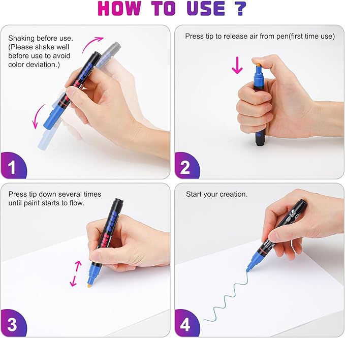 Silver Paint Pens Paint Markers - 8 Pack Permanent Quick Dry Waterproof Marker Pens for Rocks Wood Fabric Plastic Canvas Glass Mugs Metal Tire Stone